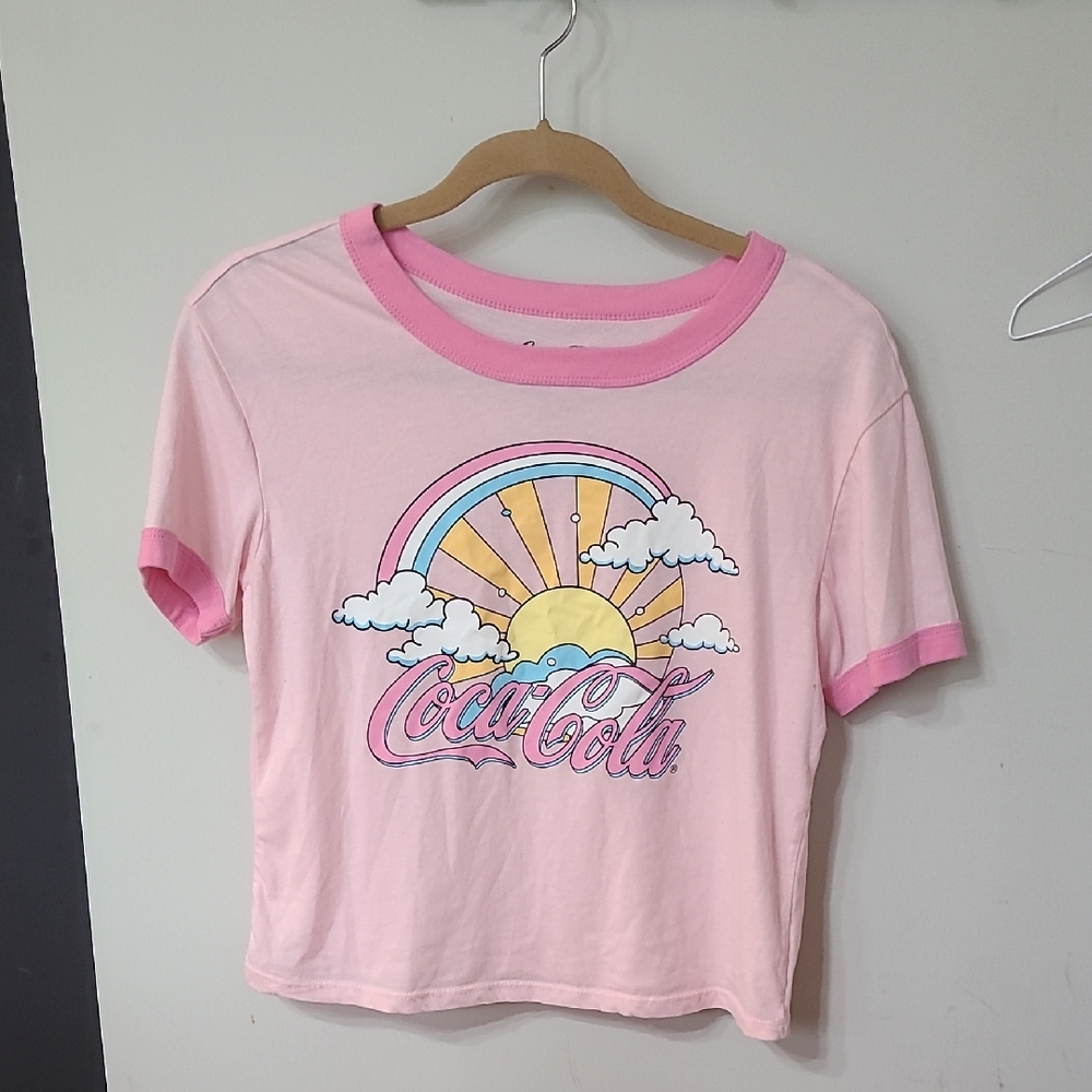 Coca-Cola Pink Ringer Baby Doll Graphic Tee Size Medium